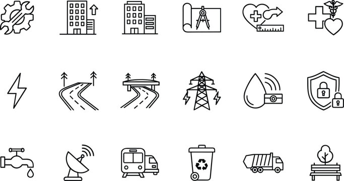 Set of engineering and infrastructure line icons including gear, buildings, blueprint, hospital, lightning, roads and more.