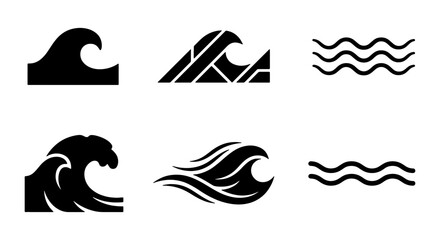 Set of Six Stylized Black Wave Icons, Ocean Swell Symbols, Nautical Design Elements for Marine and Water Themes © Rakibul