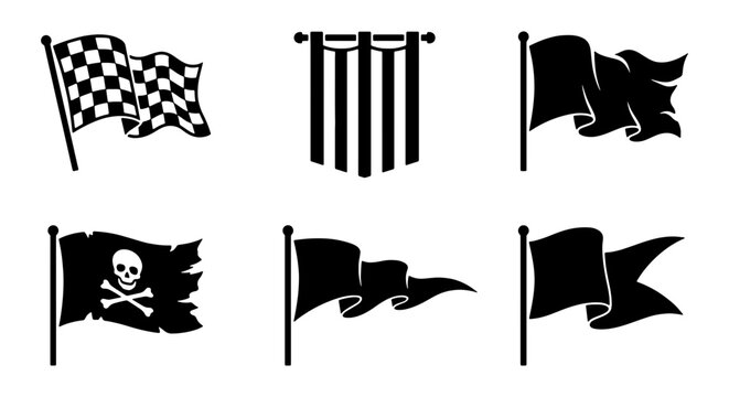 Set of 6 Black Silhouette Flags, Racing Checkered, Pirate Skull, Pennant Banners, Nautical Signal Flags, Vector Icons for Sports, Adventure, Maritime Themes
