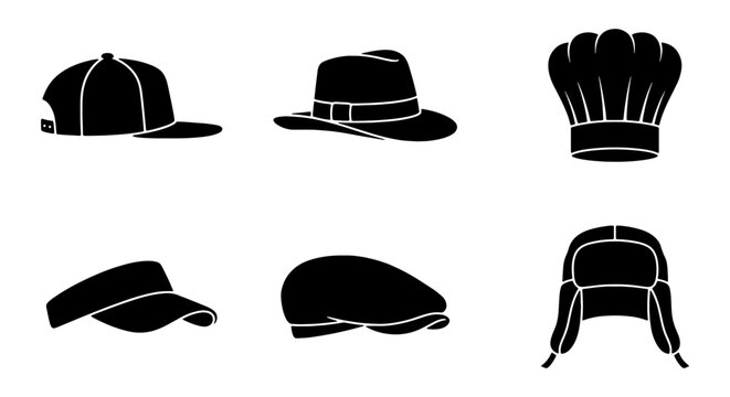 Diverse Headwear Collection, 6 Black Silhouette Icons: Baseball Cap, Fedora, Chef Hat, Visor, Flat Cap, Ushanka Hat for Fashion and Uniform Design