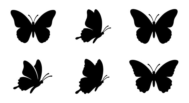 Butterfly Silhouettes Collection, Elegant Insect Icons, Vector Graphics for Nature Designs, Black and White Flying Motifs