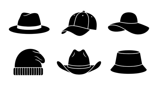 Six Black Silhouette Headwear Vector Icons: Fedoras, Baseball Caps, Sun Hats, Beanies, Cowboy Hats, Bucket Hats for Fashion and Accessory Design