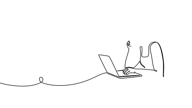 Continuous one line laptop woman computer drawing work desk art. Laptop woman computer outline sketch girl vector worker office customer screen doctor draw healthcare person typing pc businesswoman.