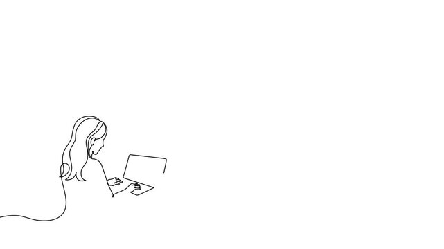 Continuous one line laptop woman computer drawing work desk art. Laptop woman computer outline sketch girl vector worker office customer screen doctor draw healthcare person typing pc businesswoman.