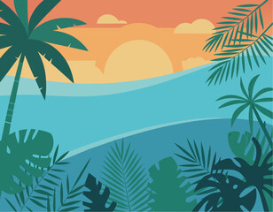 Obraz premium Tropical Beach Sunset Illustration – Summer Paradise Vector Background