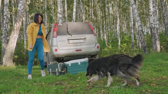 Lady and pet exchange joyful signs outdoors. Woman and her dog enjoy cheerful moments in natural environment. Woman and her dog happily exchange signs of joy amidst beauty of nature