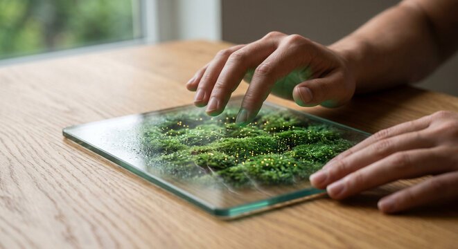 User interacting with a high-tech tactile ESG investment portfolio visualized as a 3D moss forest on a transparent tablet in a sustainable office.