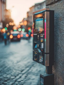 Modern digital parking meter mounted on a pole on a quiet tree lined city street. AI generated image