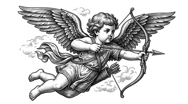 Cupid flying with bow and arrow aiming for love and romance illustration
