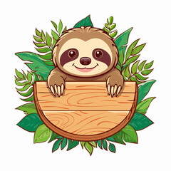 Naklejka premium Cute Cartoon Sloth Holding a Wooden Sign with Tropical Leaves