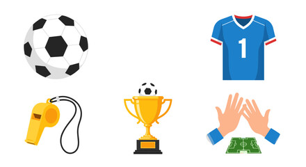 Fototapeta premium Soccer equipment and symbols including ball jersey whistle trophy and field illustration