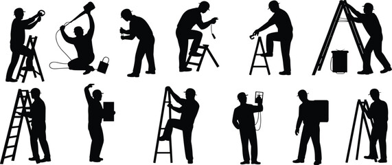 Fototapeta premium Collection of worker and electrician silhouettes using ladders tools and equipment isolated on light background