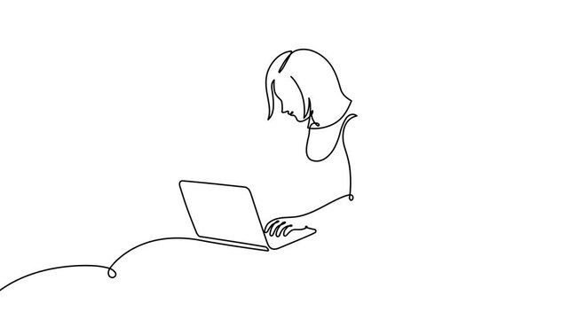 Continuous one line laptop woman computer drawing work desk art. Laptop woman computer outline sketch girl vector worker office customer screen doctor draw healthcare person typing pc businesswoman.