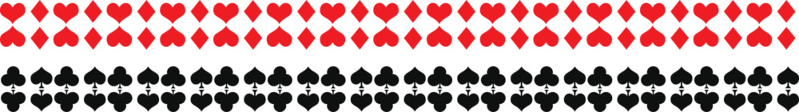 Red and black card suits border vector with repeated pattern. Heart, spade, club, diamond icons in horizontal row on white. Suits casino invitations, poker event flyers, and game night prints.

