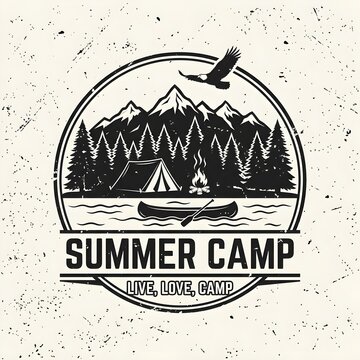 Vintage Summer Camp Badge with Mountains Forest Tent and Canoe on Grunge Background
