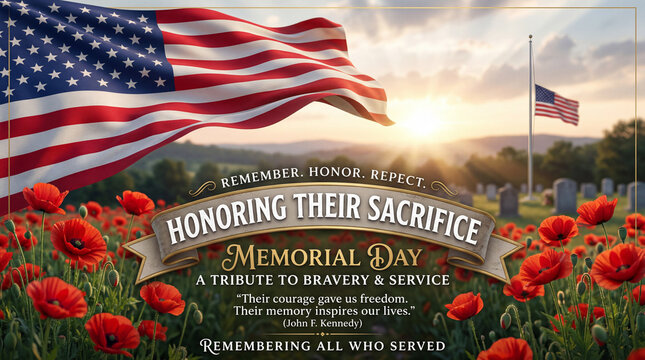 Honor Sacrifice on Memorial Day With Poppies and Flags in a Graveyard in the Evening Light