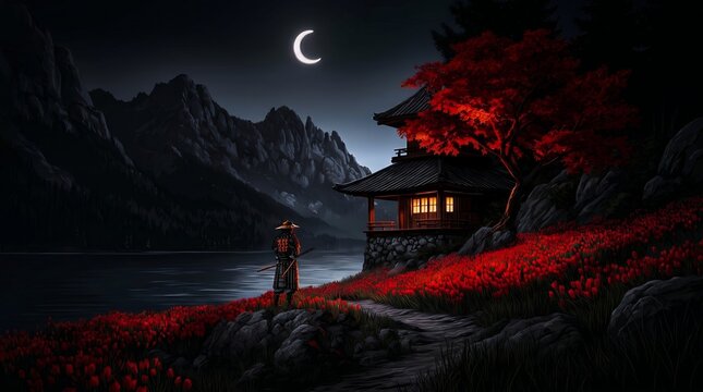Traditional East Asian pagoda nestled beside a crimson maple tree and flowering slope under a crescent moon with a solitary ronin figure overlooking misty alpine peaks.