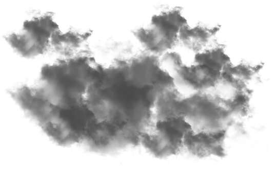 Dark gray smoke cloud on white isolated background, stormy weather, dramatic atmosphere, turbulent gas, industrial pollution.