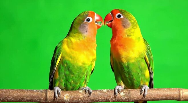 A pair of colorful lovebirds perched on a branch and facing each other ideal for themes of love pets or nature with a green screen background