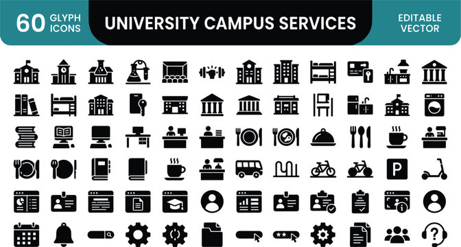 University campus services glyph icon collection with education facilities dormitory transport and student support symbols
