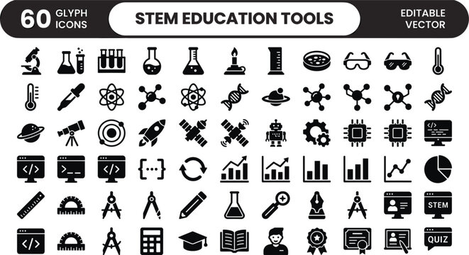 STEM education tools glyph icon set with science technology engineering mathematics and classroom learning symbols
