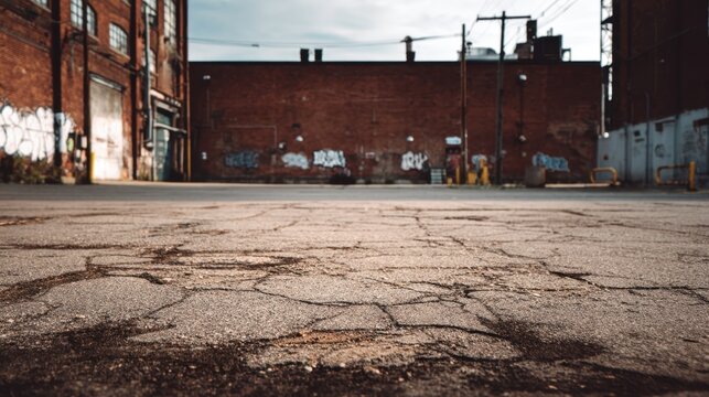 A deserted industrial city street with a weathered warehouse brick wall and gritty textures, showcasing an authentic grunge urban backdrop.