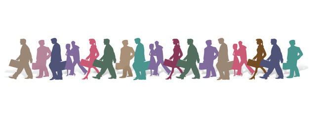 Fototapeta premium Colorful walking crowd silhouette vector banner with diverse human figures. Multicolor people icons isolated on white background in flat style. Widely used in social campaigns, HR presentations