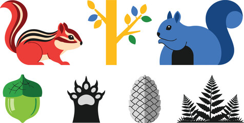Forest and Wildlife Icon Set Featuring Chipmunk, Squirrel, Acorn, Tree, Pinecone, and Animal Tracks for Nature, Wildlife, and Outdoor Exploration © MdMojnu