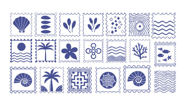 Collection of blue and white postage stamps with sea and tropical motifs