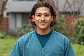 Obraz premium Young male medical assistant smiling in backyard garden