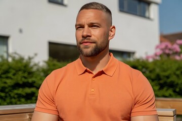 Obraz premium Bearded man seated looking ahead on outdoor residential bench