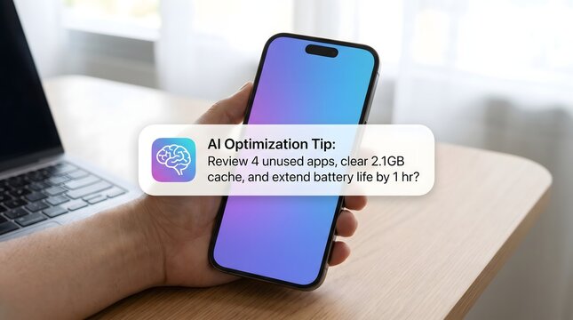 Hand holding smartphone with ai optimization tip on screen in office setting with laptop
