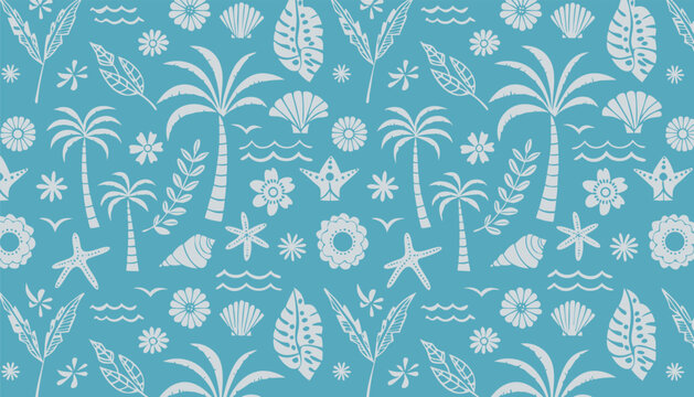 Seamless vector pattern with summer beach and tropical vacation motifs on blue background