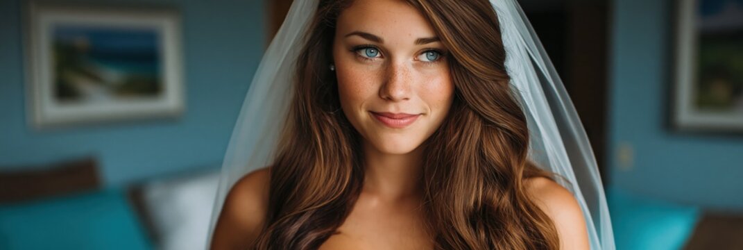 Brunette bride smiling with veil in indoor room setting