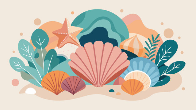 Ocean seashell and starfish illustration with colorful sea plants in flat vector style for beach themes