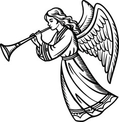 Angel playing trumpet, winged heavenly being, black and white illustration, religious icon, vector graphic © MdSirajul