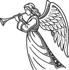 Vintage angel, winged musician, trumpet player, black and white illustration, religious icon © MdSirajul