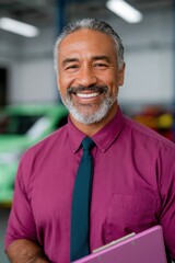 Obraz premium Smiling man holding clipboard near classic car in garage