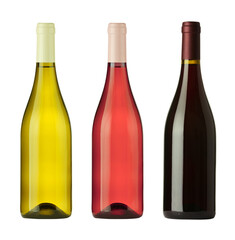 Obraz premium Rose, red and white wine in bottles on transparent background