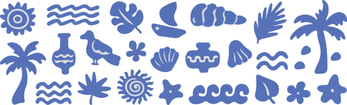 bold blue monochromatic mediterranean coastal icon set with waves shells palm tree bird and organic shapes on white background