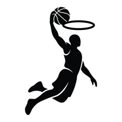 Black silhouette of a basketball player mid-air performing a slam dunk against a plain white background. © Naymurrahman