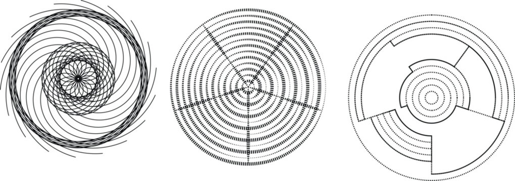 Geometric spirals and concentric circles black and white vector illustration
