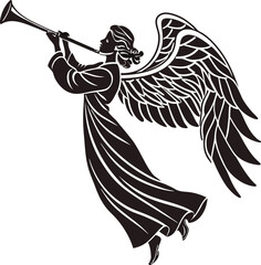 Angel, winged figure, trumpet player, black and white, illustration, icon, symbol © MdSirajul