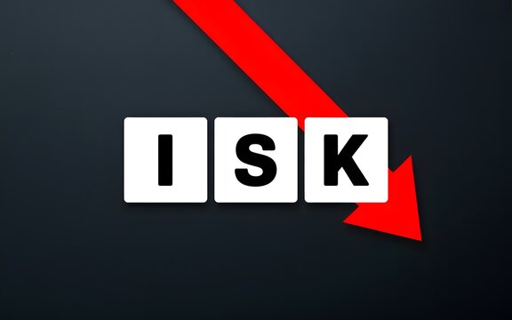 Conceptual illustration depicting decreasing risk and financial uncertainty in business with a prominent red downward trend arrow indicating a decline in potential threats or market volatility