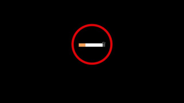 No smoking symbol animation on black background with prohibition sign and warning text , 4K motion graphics.