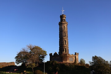 Obraz premium Nelson Monument, a commemorative tower located on Calton Hill in Edinburgh, Scotland