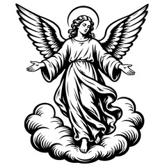 Naklejka premium angel standing on clouds with open hands for divine heaven religion spiritual guardian blessing and sacred fantasy concept