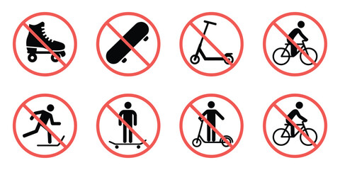 Transportation prohibition icon set with no skating, no biking, scooter restrictions, and permitted green signs. © ARIF AHMED 04