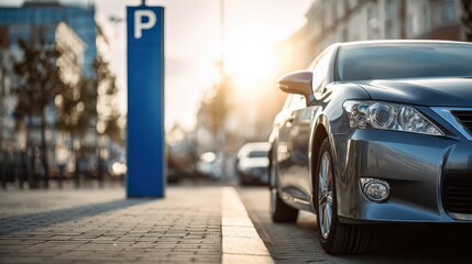 Fototapeta premium Sedan car parked on a sunny city street beside a blue parking permitted sign. AI generated image