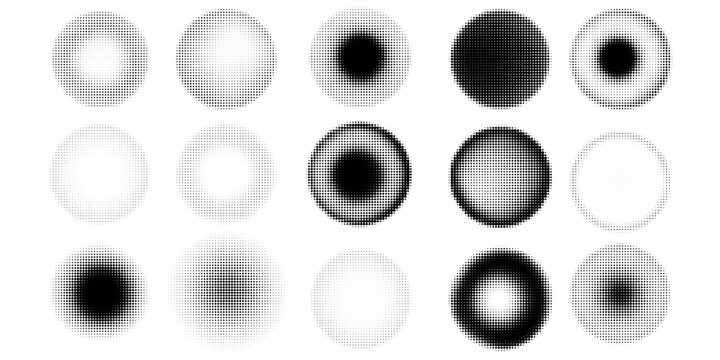 Halftone gradient circles collection. Dots textured round patterns. Cartoon comic radial faded background set. Abstract pixelated elements for frame, poster, collage, banner, flyer. Vector bundle